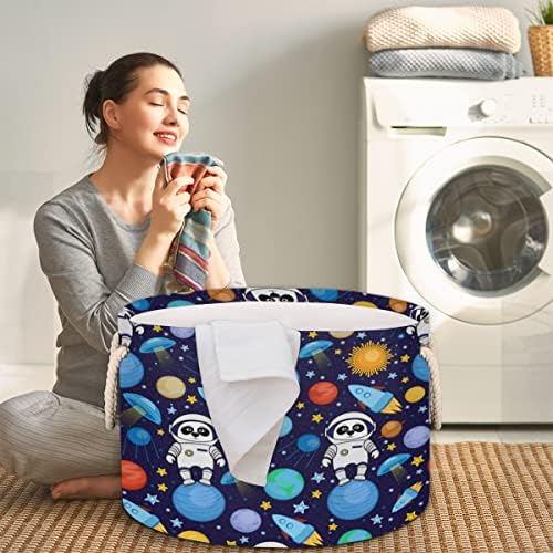 אסטרונאוטים של פנדה מצוירת כוכבי לכת סלים עגולים גדולים לאחסון סלי כביסה עם ידיות סל אחסון שמיכה לפחי מדפי אמבטיה