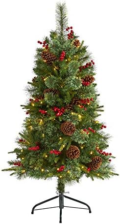 כמעט טבעי 4ft. עץ חג המולד מלאכותי של אורן נורבגיה עם 150 נורות LED ברורות, חרוטים אורנים ופירות יער,