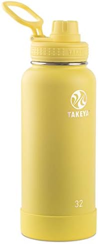 Takeya Actives מבודד בקבוק מים מפלדת אל חלד עם מכסה זרבוביות, מכסה קש של 32 גרם, קנרי ומכסה קש לבקבוק מים