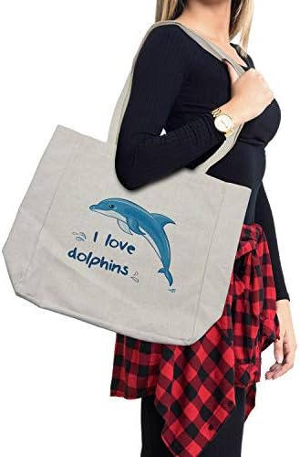 תיק קניות של אמבסון דולפין, חיה אוקיינוס ​​בסגנון קריקטורה עם אני אוהבת מילות דולפינים ומים מתזים