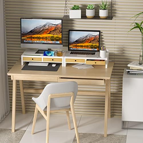 מעמד צג משכים עם מגירה-מעמד מחשב נייד לבן, מארגן מדף שולחן עבודה במבוק למחשב, טלוויזיה, מדפסת,