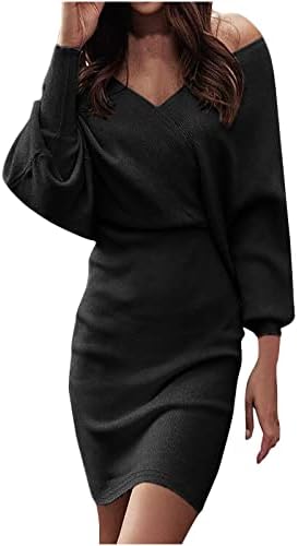 נשים אלגנטיות נגד צוואר עטוף שמלות סוודר סקסיות מכתף כתף שרוול שרוול תחרה לקצץ שמלת סריגה גוף ללא גב