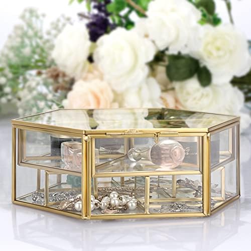 קופסת תכשיטים מזכוכית מזכוכית זהב קופסת תכשיטים משושה קופסת אחסון תכשיט תיבת מארגן דקורטיבי קופסת מזכוכית