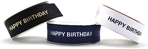 סאטן כחול וכסף כהה וסרט יום הולדת שמח של גרוסגריין 22 ממ רוחב - אידיאלי לקישוטים ולמתנות שלך ...