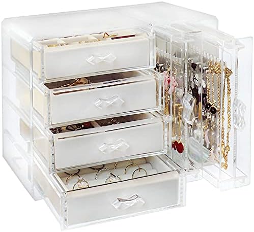 קופסת תכשיטים אקרילית,מארגן תכשיטים עם 4 מגירות & 2 מחזיק עגילים, קופסת תכשיטים חמודה לאחסון טבעות שרשרת