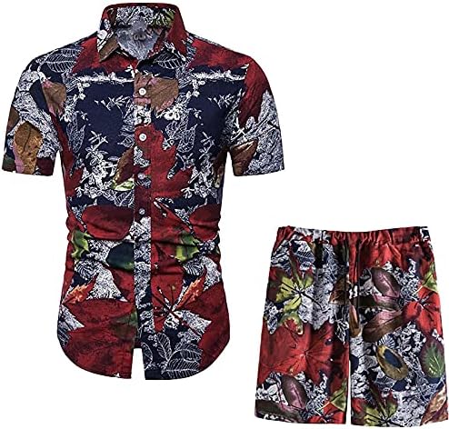 חולצת שרוול קצרה של Sercfgyuj של גברים וחליפות מכנסיים קצרים קיץ 2 פרחים כפתור מזדמן במעלה חולצה