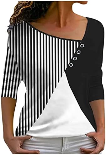 חולצות טשטשות לנשים שרוול ארוך בלוק טלאי טלאי טוניקה צווארון אלכסוני חידוש חולצה טרנדית רופפת חולצה