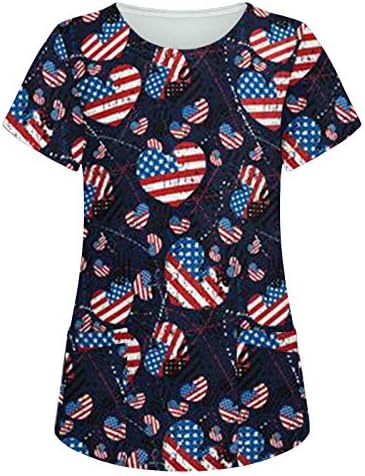 4 ביולי חולצת טי לנשים דגל אמריקאי קיץ חולצות שרוול קצר עם צווארון וי עם 2 כיסים חולצות בגדי