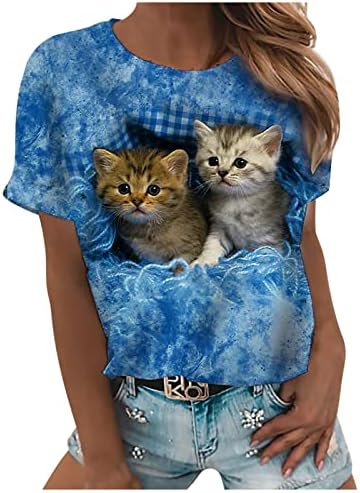 3 ד חתול הדפסת חולצות נשים מקרית קצר שרוול בסיסי טי חולצות חמוד בעלי החיים גרפי צוות צוואר קיץ אופנה טי