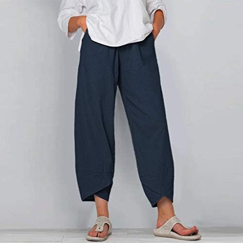 מכנסי פשתן כותנה לנשים מותניים אלסטיים קיץ רחב מכנסי חוף רגליים רגועות מכנסי טרנינג מוטות מזדמנים