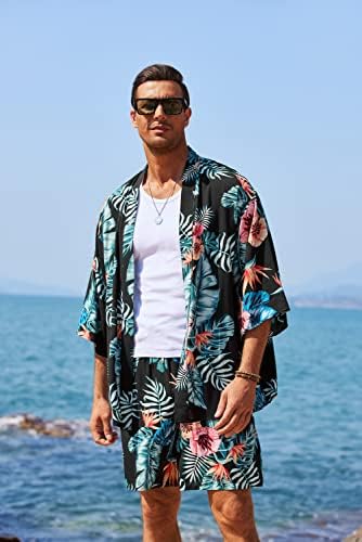 קואופנדי 2 חלקים תלבושת תלבושת קלה של קימונו קרדיגן סט קרדיגן סט חולצת חוף הוואי עם מכנסיים קצרים
