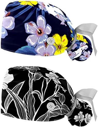 כובע עבודה של פרחים נקודה עם כפתור ופס זיעה מתכווננים מתכווננים עניבה לאחור כובעי קרצוף 2 חבילות כובע אחות בופנט