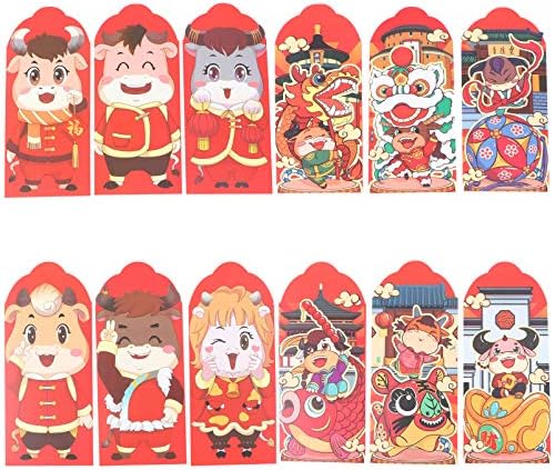 12 יחידות סיני חדש שנה אדום מעטפות 2021 שור שנה אדום מנות גלגל המזלות שור דפוס מזל כסף הונגבאו לאביב פסטיבל