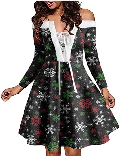 שמלת חג המולד לנשים סקסי כבוי כתף תחרה עד צוואר קטיפה שמלת חג המולד פתית שלג גרפי רופף נדנדה שמלות