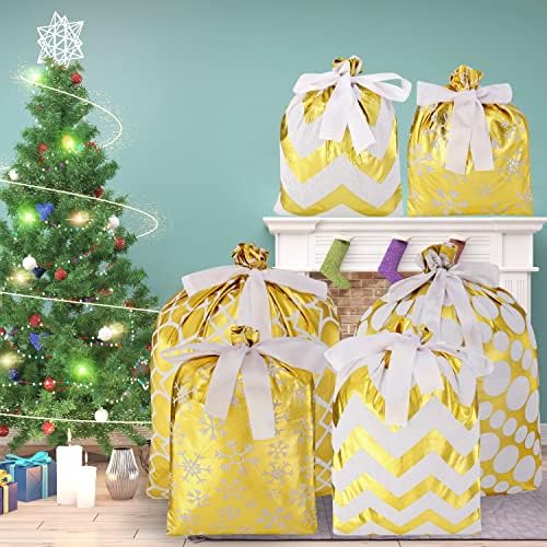 Joyin 6 PCS חג המולד שקיות מתנה לבד זהב עם סרט שרוך 4 תיקים עטיפת מתנה לעיצוב לטובת מסיבות חג המולד ואספקה,