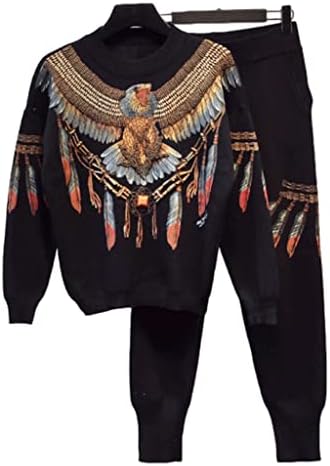 חליפה סרוגה באגוז נשים תלבושות עבודות יד חרוזים נשר סוודר סוודר עיפרון מכנסיים שני חלקים נקבה רופפת