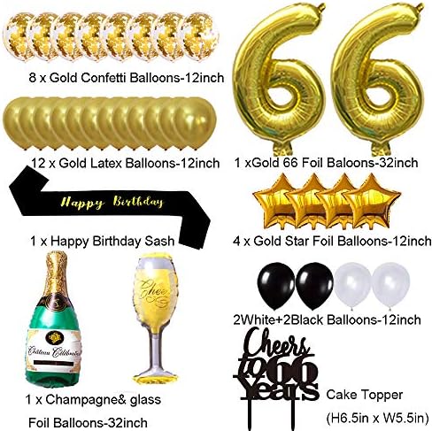 ערכת קישוטים ליום הולדת זהב 66, לחיים ל 66 שנות באנר בלוני עוגה 66 טופר יום הולדת אפס
