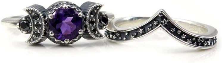 צבעוני בלינג ויקה פגאני לשלושה ירח אלוהות להקת טבעת סט שחור סגול קריסטל הווה עבור נשים חתונת אירוסין מבטיחים תכשיטים