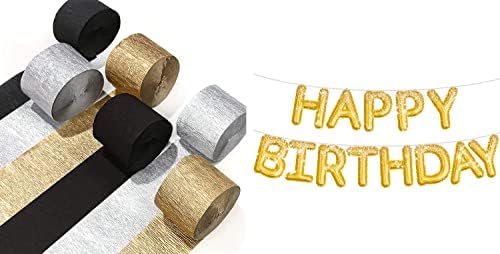 Partywoo Crepe Streamers Streamers 6 Rolls 492ft ויום הולדת שמח באנר בלון 16 אינץ 'זהב