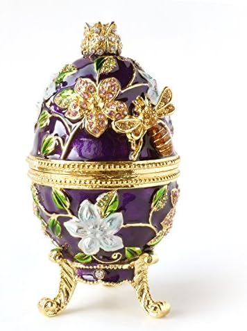 אפרופו יד-צבוע בציר סגנון דבורה ופרחים פברז ' ה ביצה עם עשיר אמייל ונוצץ אבני חן תכשיטי תכשיט תיבה