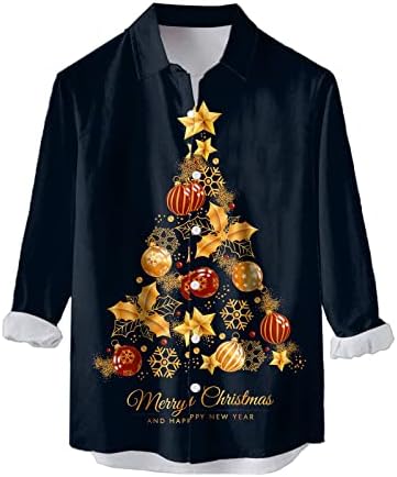 חולצות כפתור לחג המולד של Wocachi לגברים, שרוול ארוך 3D חג המולד של פתית שלג הדפסת חולצות הוואי חולצות