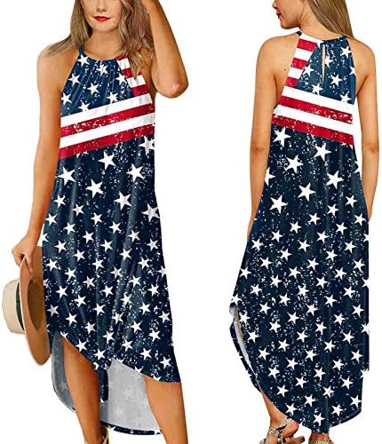 4 ביולי שמלת מקסי לנשים קיץ שמלת בוהו מזדמן דגל אמריקאי קאמי ללא שרוולים סקופ צוואר שמלת קיץ פטריוטית