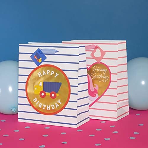 4 מארז שקיות מתנה לילדים יום הולדת עם ידיות סרט, נייר זהב ותג מתנה-למסיבת יום הולדת לילדים, ילדה וילד,