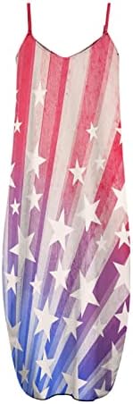 שמלות יום עצמאות של HCJKDU לנשים ספגטי רצועת שרוולים דגל אמריקאי ללא שרוולים שמלת מקסי רופפת שמלה