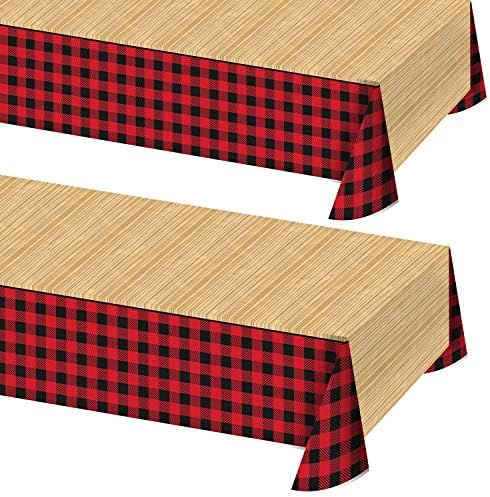 ציוד למסיבות Lumberjack - כיסוי משובץ באפלו אדום ושחור וכיסוי שולחן פלסטיק עץ, 54 x 84