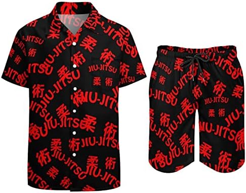 Weedkeycat Jiu-Jitsu תלבושות חוף גברים 2 חלקים כפתור הוואי מטה חולצה קצרה שרוול ומכנסיים קצרים.
