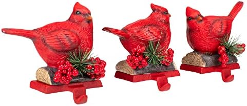 סט של 3 קולבי גרב לחג המולד של ציפור קרדינל אדומה, גובה 5 סנטימטרים, ברזל יצוק ושרף מפוסל