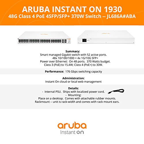 Aruba Instant ב- 1930 48-Port GB GB Ethernet 48XGE POE, 4X 1G/10G SFP+, L2+ Smart Switch Us Cour