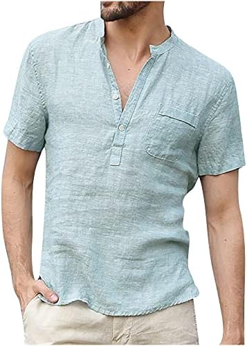 חולצות לגברים קיץ מזדמן קצר שרוול סטנד צוואר אופנה מוצק צבע פשתן קומפי כיסי כפתורים בסוודרים חולצות