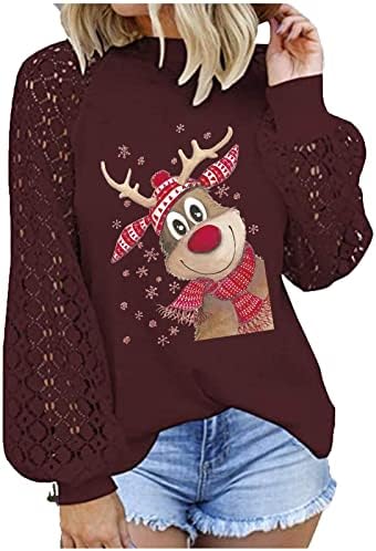 צמרות שרוול ארוך מזדמן לאופנת איילים לנשים אופנת חג המולד חולצות תחרה רופפות חולצות צוואר עגול