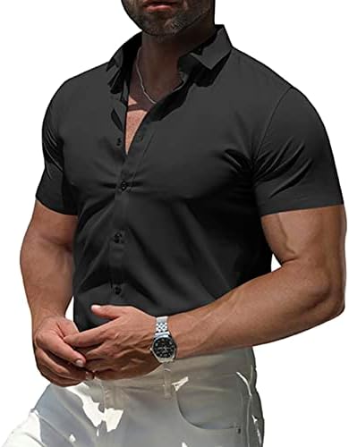 גברים של שרירים שמלת חולצות:מזדמן כפתור למטה ארוך שרוול גמישות כושר אתלטי קמטים-משלוח חולצה