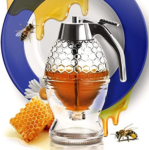 מתקן דבש קליבלי - ללא זכוכית טפטוף עם מעמד-צנצנת דבש - מיכל דבש זכוכית שקופה עם מטבל 8 עוז - מתקן סירופ מייפל-סיר