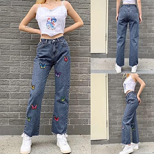 ג'ינס מותניים גבוהים של לריאה לנשים ישר רזה ורקום סגנון יונגפרו בתוספת מכנסי מכנסי ג'ינס בגודל גודל