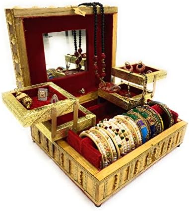 קופסת תכשיטים של נברנג מארז יהירות עץ מתקפל לעגילים, צמידים עם מראה לנשים