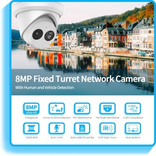8MP 4K POE TURRET IP מצלמה עם עדשת 2.8 ממ, גילוי אנושי ורכב, מיקרופון מובנה, ראיית לילה 98ft, IP67 אטום