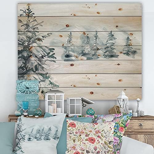 עיצוב עצי אורן מושלגים עציץ קיר עץ מסורתי, אמנות קיר עץ כחול, נופים גדולים לוחות קיר עץ מודפסים על אמנות עץ