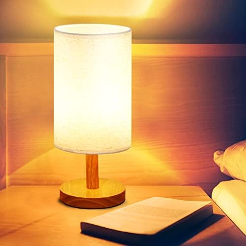 מנורת שולחן אפרוג לחדר שינה - מנורת שידת לילה לעומק 3 כיוון עם צל פשתן עגול לסלון לילדים מעונות משרד, עץ מלא,