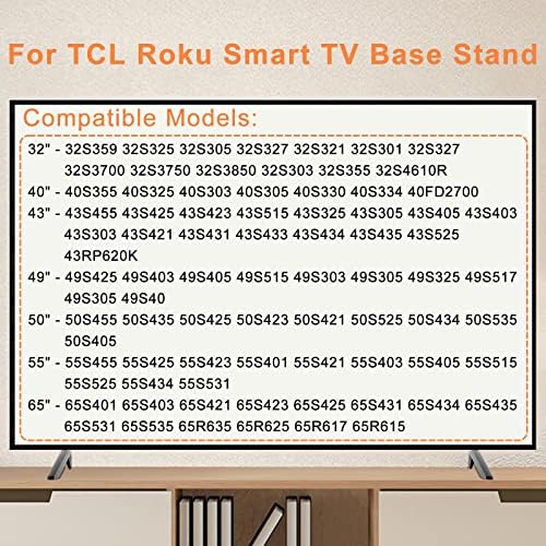 רגל טלוויזיה בסיסית עבור TCL Roku TV Stand עם כיסוי מרחוק זוהר צהוב, החלפת רגליים טלוויזיה לרגלי עמדת טלוויזיה