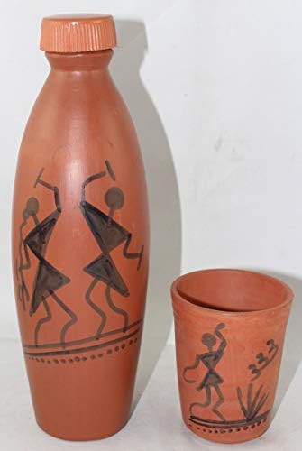 Odishabazaar בעבודת יד בצבע חרס חרס בקבוק מים + כוס - כלי שתייה בקבוק מיטי למים קרירים ידידותי לסביבה חרס חרס