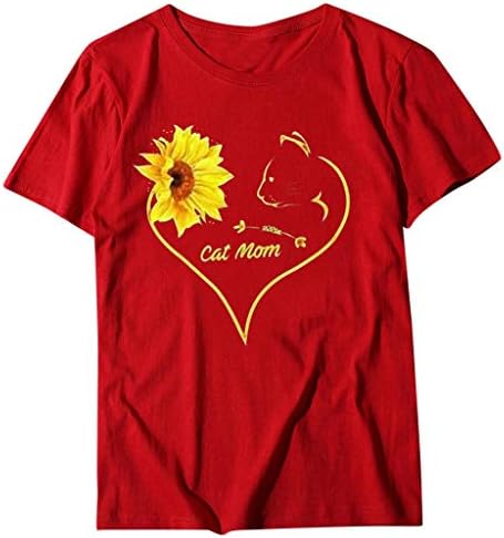קיץ נשים חתול אמא מכתב הדפסת חולצת טי חולצות פרחוני לב גרפי חולצה מזדמן קצר שרוול צווארון עגול