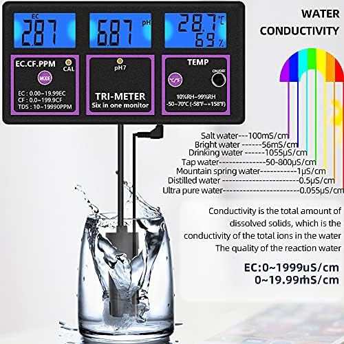 6 במוניטור של מטר pH לבדיקה pH/טמפרטורה/EC/CF/RH/TDS איכות מים דיגיטלי איכות רב-פרמטר
