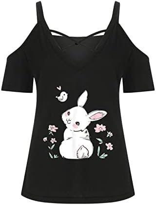 מחוץ לכתף חולצת פסחא לנשים סקסיות צווארון V-צווארון רצועות צלב ביצי ארנבות עליונות חולצות גרפיות חולצות מזדמנים
