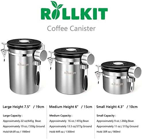 רולקיט 3-סט קפה מיכל, ס+מ + ליטר קפה מכולות עבור קרקע שעועית, טעם-חיסכון עם תאריך גשש, שיתוף2 שחרור שסתום, מכסים