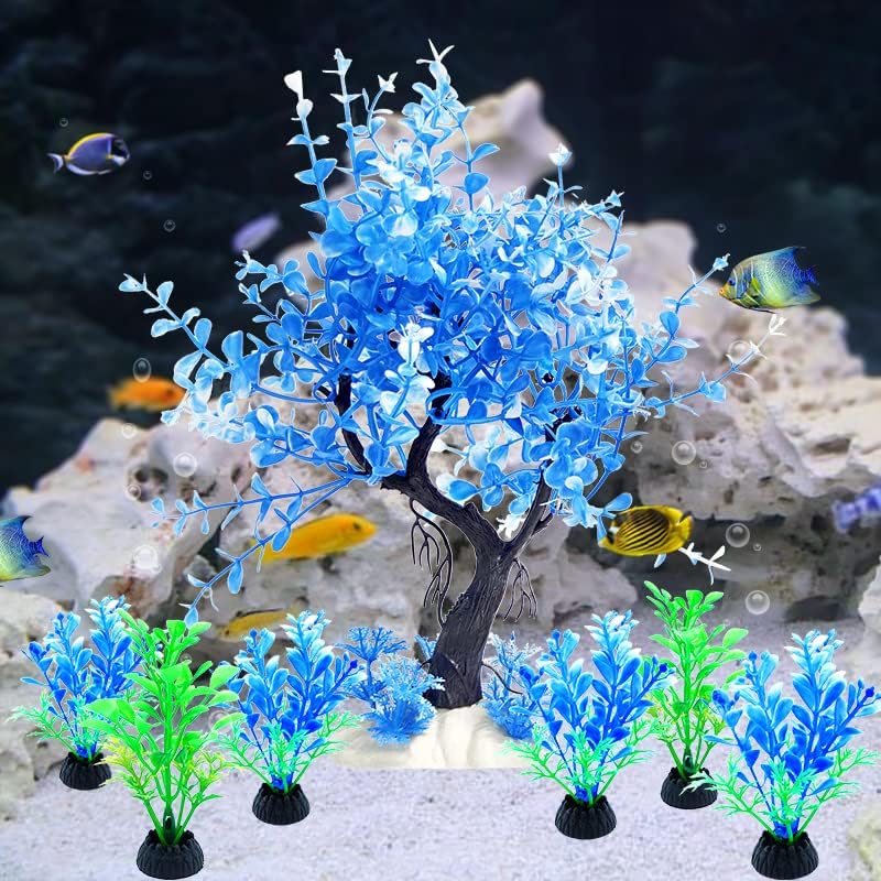 אקווריום דגי טנק קישוטים, כחול פלסטיק עץ עם 6 חבילה קטן מלאכותי אקווריום צמחים סט עבור בטה דגי טנק דקור