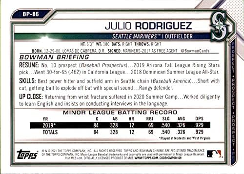 2021 סיכויי באומן BP-86 ג'וליו רודריגז סיאטל מרינרים MLB כרטיס בייסבול NM-MT