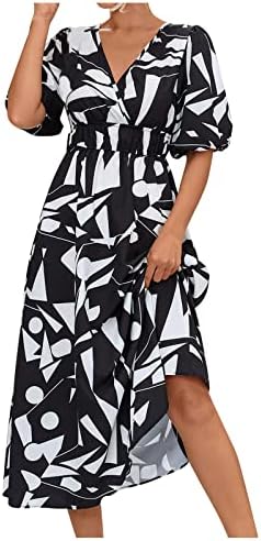 WPOUMV שמלת מקסי קיץ לנשים אופנה V צוואר שמלות שרוול נפיחות שמלות גיאומטריות שמלת בלוק גיאומטרית שמלה